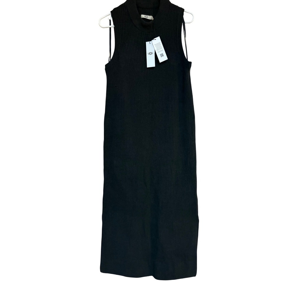 UGG Womens Ribbed Knit Mock Neck Sleeveless Midi Dress Black Large NWT